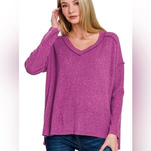 Zenana light plum ribbed v neck fleece top